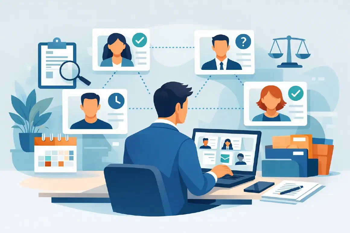 Ilustração de um recrutador a acompanhar candidatos de várias ofertas em estados diferentes, com calendário e processos em curso