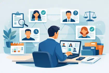 Ilustração de um recrutador a acompanhar candidatos de várias ofertas em estados diferentes, com calendário e processos em curso