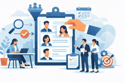 Ilustração de candidaturas organizadas por etapas num quadro, com a equipa de recrutamento a rever o processo