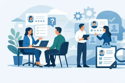 Ilustração de uma entrevista de recrutamento e da avaliação estruturada dos candidatos pela equipa