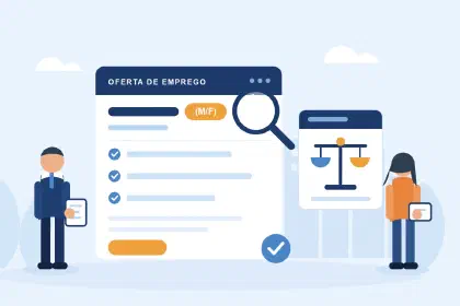 Ilustração de uma oferta de emprego com o sufixo M/F em destaque, examinada à lupa, ao lado de uma balança da justiça e de dois candidatos, um homem e uma mulher