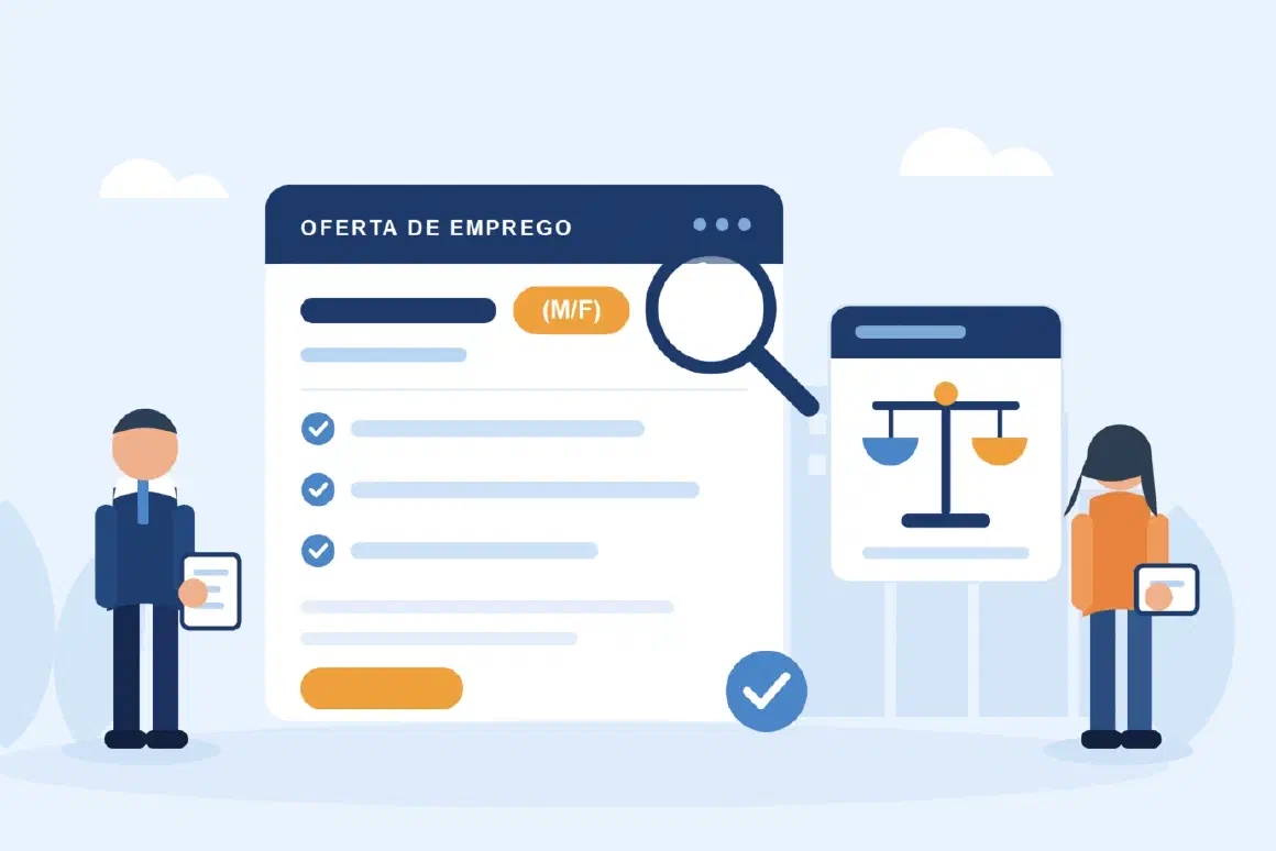 Ilustração de uma oferta de emprego com o sufixo M/F em destaque, examinada à lupa, ao lado de uma balança da justiça e de dois candidatos, um homem e uma mulher