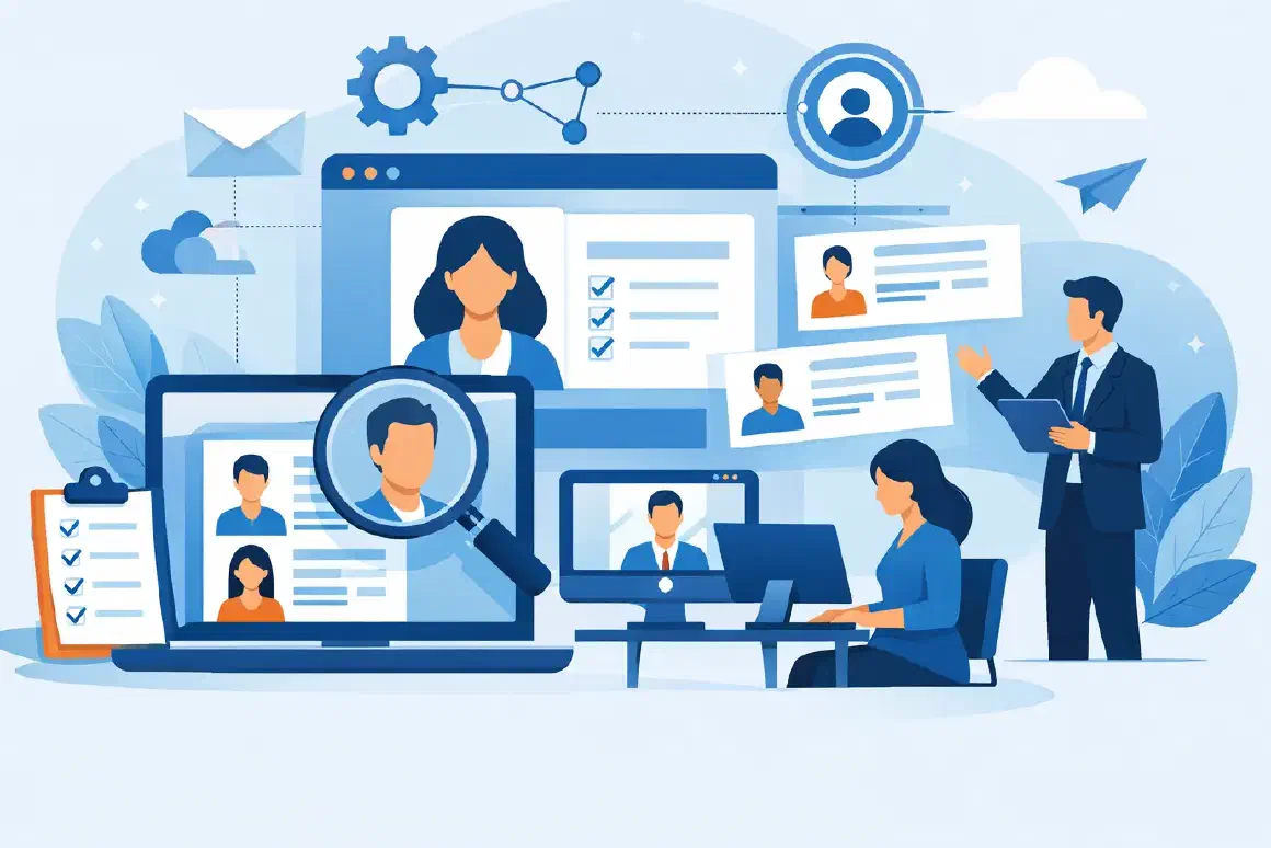 Ilustração de software de recrutamento a reunir candidaturas, currículos e comunicação num só lugar