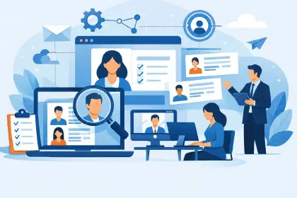 Ilustração de software de recrutamento a reunir candidaturas, currículos e comunicação num só lugar
